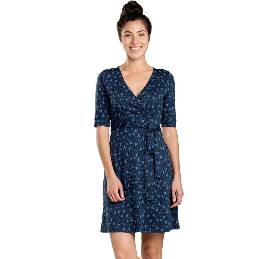 Toad&Co Cue Wrap Cafe Dress Organic Cotton Blue Print Faux Wrap Sz M